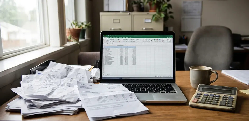 Stack of vendor invoices next to a laptop showing the extracted rows in a spreadsheet