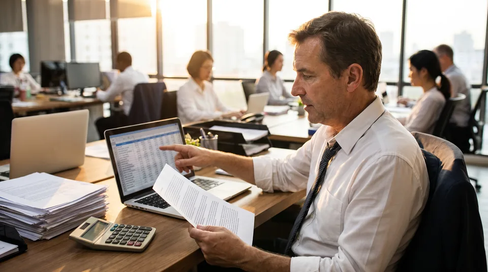 Finance manager comparing an annual software renewal contract with invoice rows in a spreadsheet